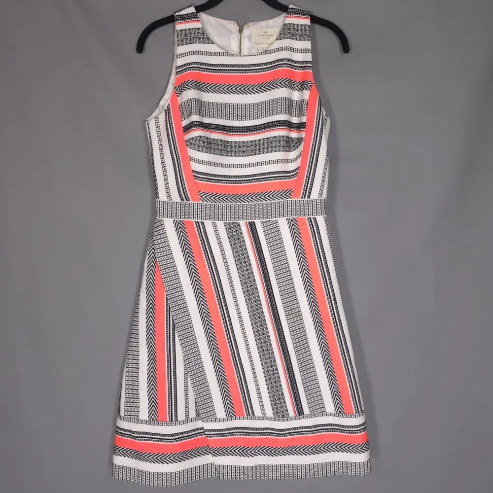Kate Spade Ribbon Jacquard Sleeveless Dress Size 4 White Black Orange Wrap Flare